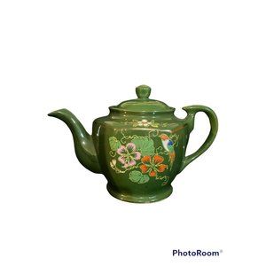 Vintage Hand Painted Green Ceramic Tea Pot Hummingbird Flowers 4.5” Tall READ
